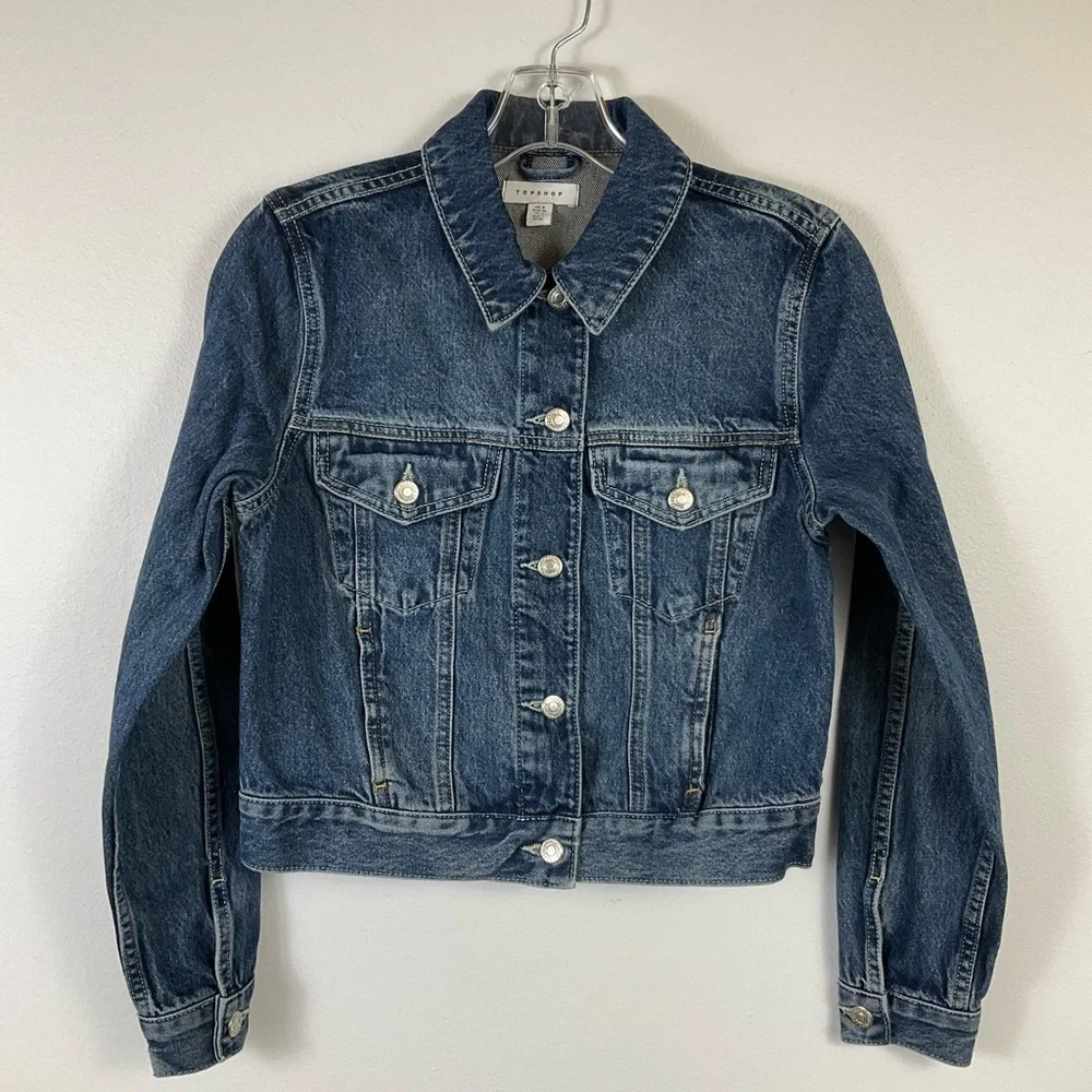 Topshop Women's Medium Wash Blue Denim Trucker Cropped Western Jacket Pockets 4 - Picture 1 of 9